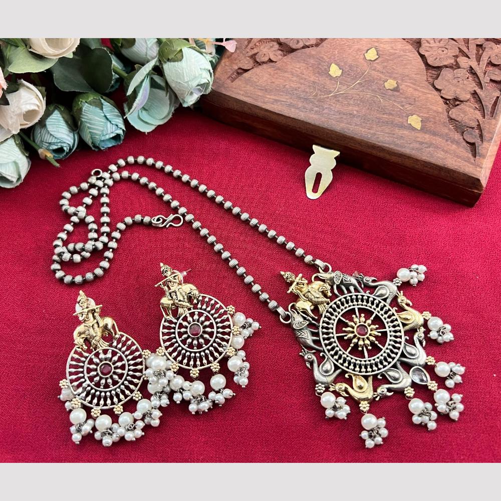 Akruti Collection 2 Tone Plated Pota Stone And Pearl Long Temple Necklace Set