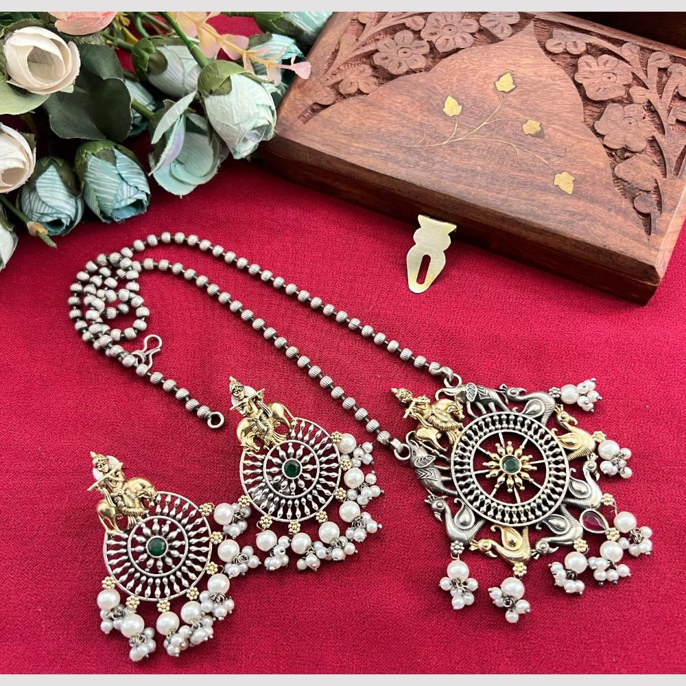 Akruti Collection 2 Tone Plated Pota Stone And Pearl Long Temple Necklace Set