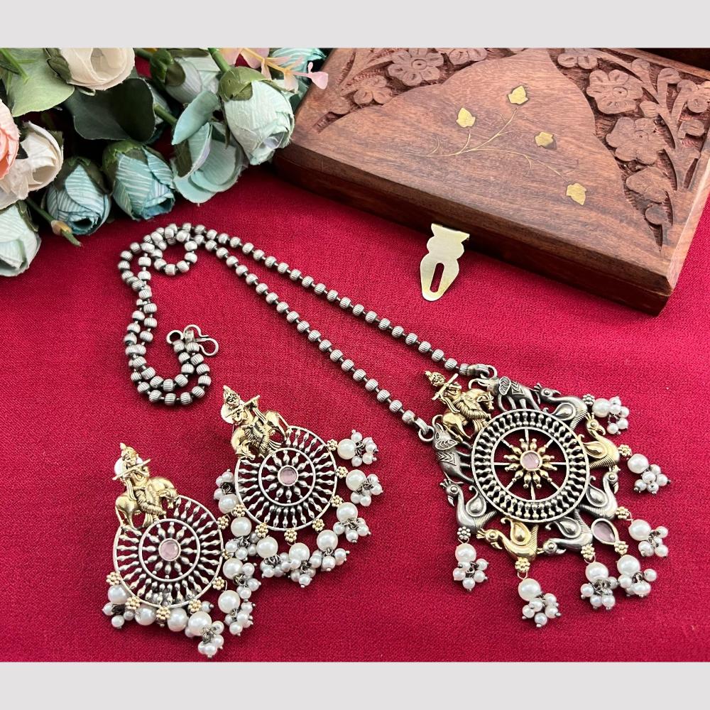 Akruti Collection 2 Tone Plated Pota Stone And Pearl Long Temple Necklace Set