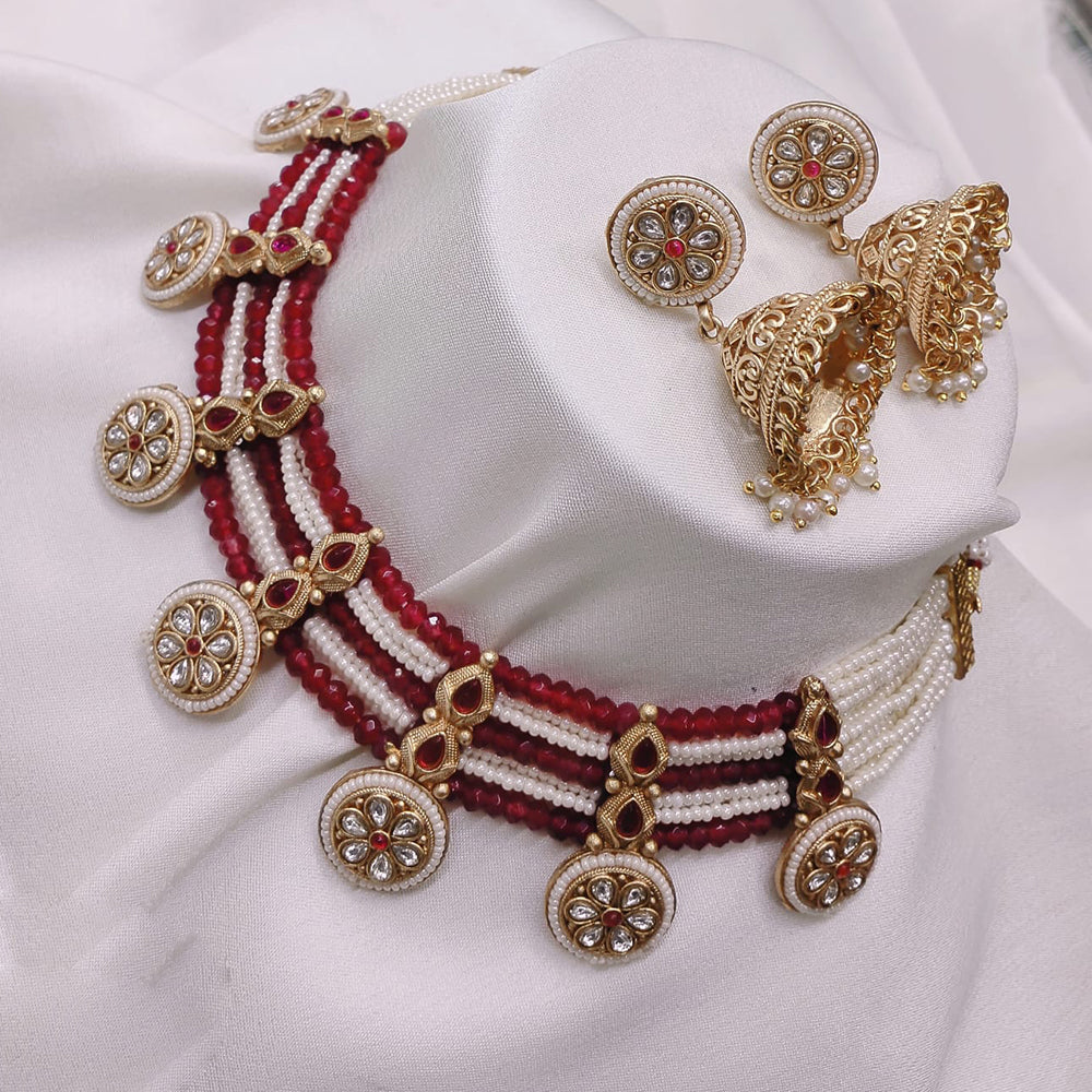 Akruti Collection Gold Plated Pota Stone And Beads Choker Necklace Set