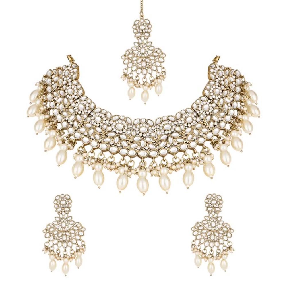 Akruti Collection Gold Plated Kundan Stone And Beads Necklace Set