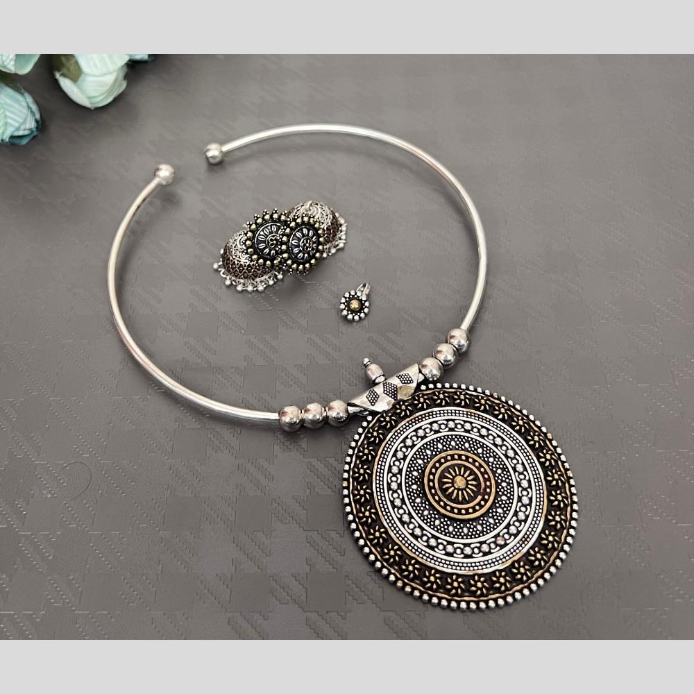Akruti Collection Oxidised Plated Pota Stone And Pearl Long Necklace Set