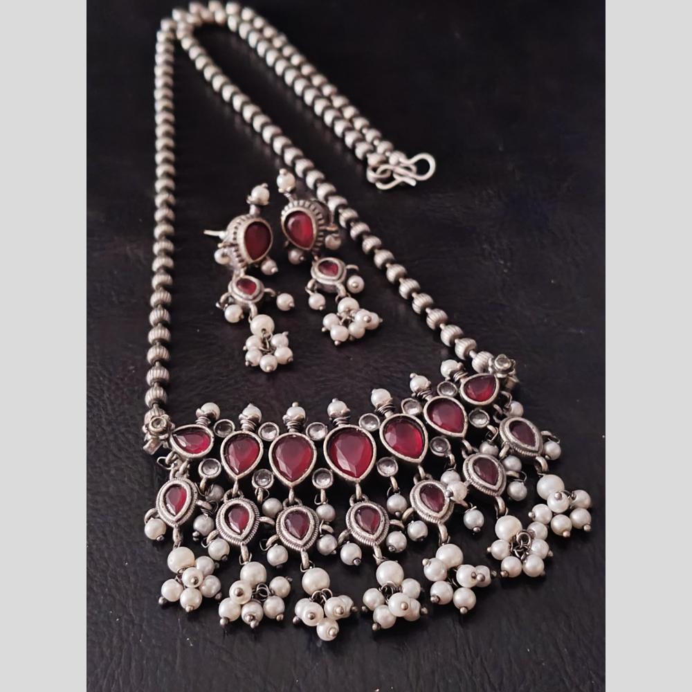 Akruti Collection Oxidised Plated Pota Stone And Pearl Long Necklace Set
