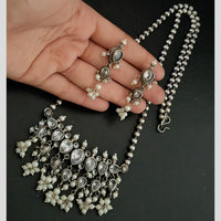 Akruti Collection Oxidised Plated Pota Stone And Pearl Long Necklace Set