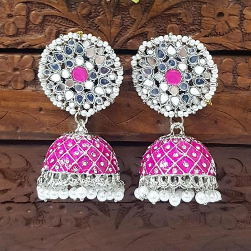 Akruti Collection Silver Plated Mirror And Pearl Meenakari Jhumki Earrings