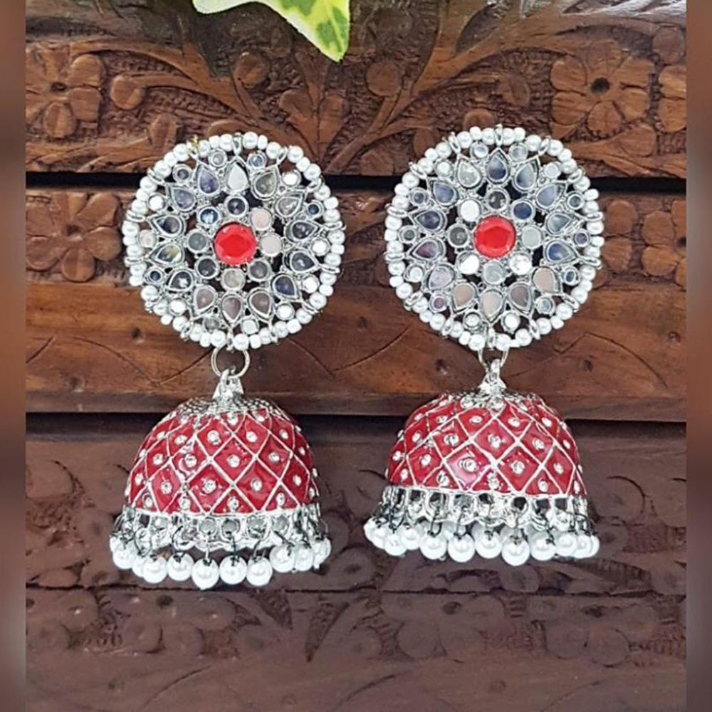 Akruti Collection Silver Plated Mirror And Pearl Meenakari Jhumki Earrings