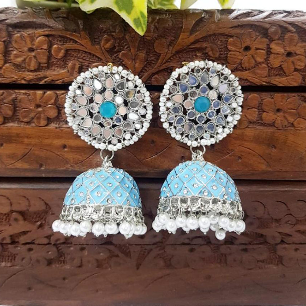 Akruti Collection Silver Plated Mirror And Pearl Meenakari Jhumki Earrings