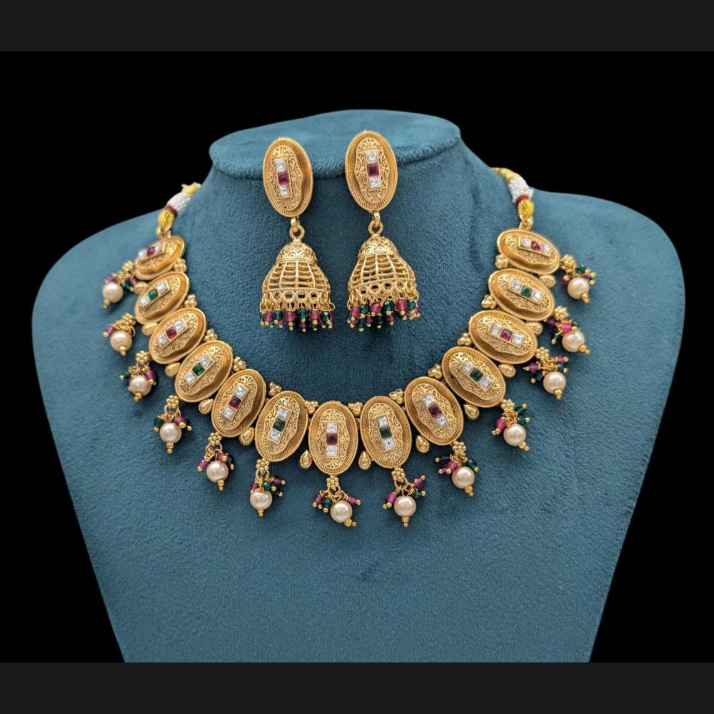 Akruti Collection Gold Plated Pota Stone And Pearls Necklace Set