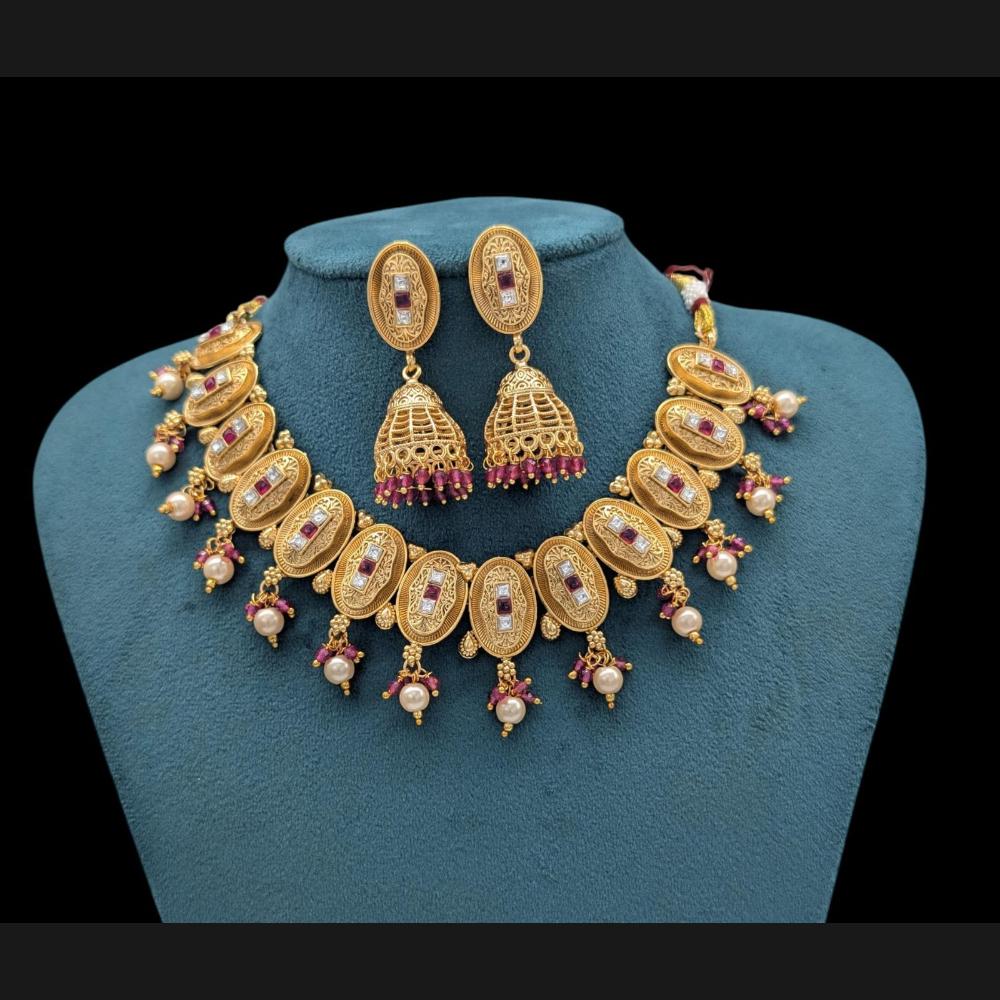 Akruti Collection Gold Plated Pota Stone And Pearls Necklace Set