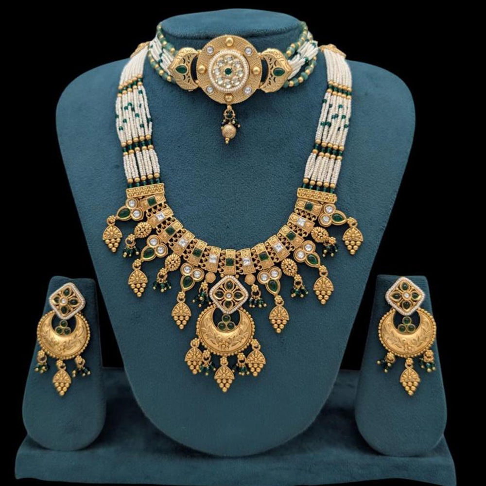 Akruti Collection Gold Plated Pota Stone And Pearls Double Necklace Set