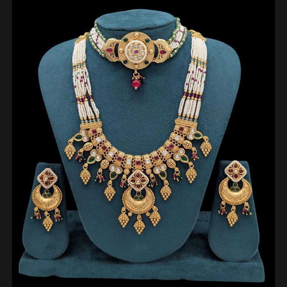 Akruti Collection Gold Plated Pota Stone And Pearls Double Necklace Set