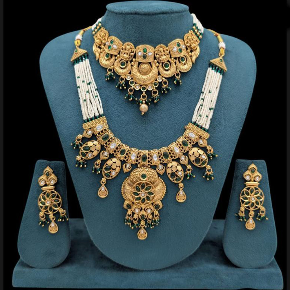 Akruti Collection Gold Plated Pota Stone And Pearls Double Necklace Set