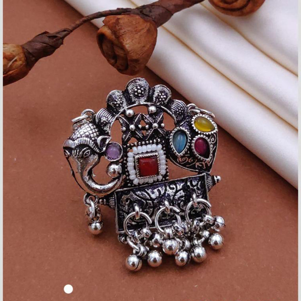 Akruti Collection Vintage Cool Oxidised Plated Multi Color Pota Stone Ring
