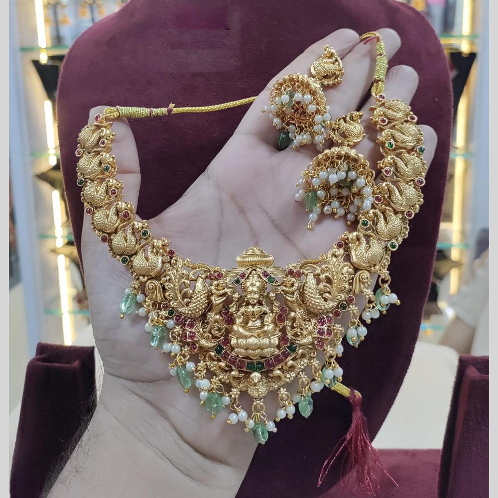 Akruti Collection Antique Gold Temple Necklace with Beautiful Peacock Artwork