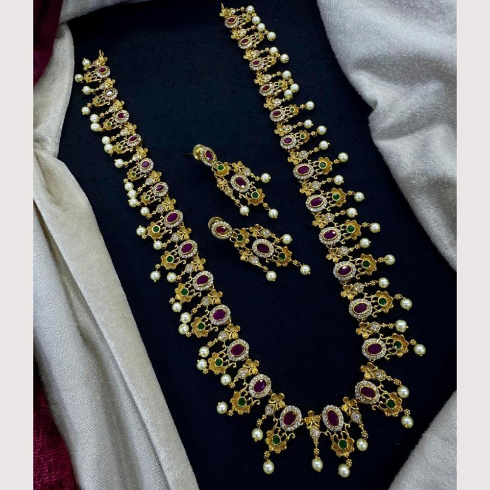 Akruti Collection Austrain And Pota Stone Pearl Exculsive Long Designer Necklace Set