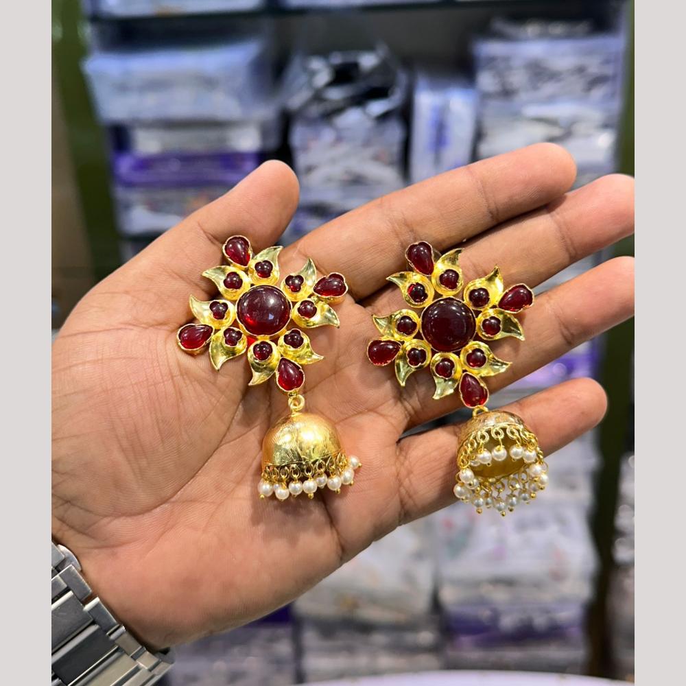 Akruti Collection Antique Gold Plated Pota Stones And Pearls Jhumki Earrings