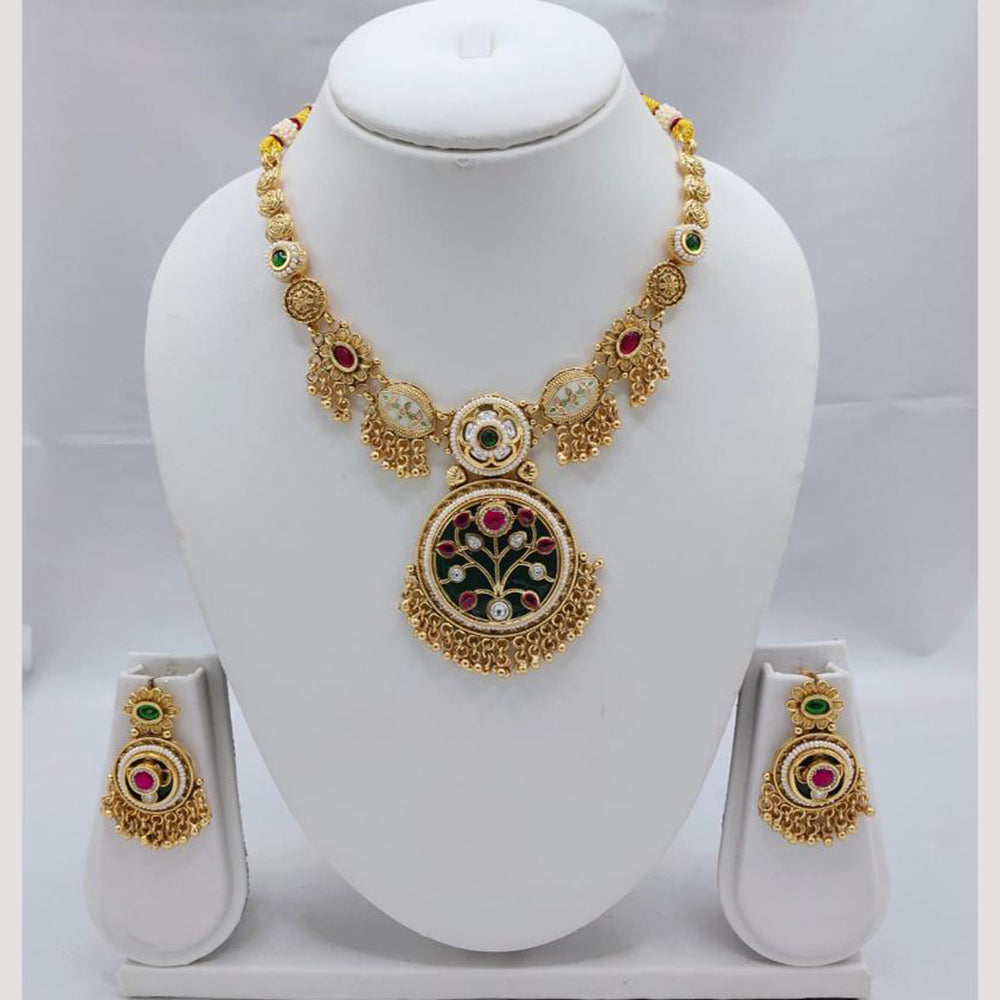 Akruti Collection Antique Style Kundan & Pota Stone Necklace Set - Weddings and Festive Wear