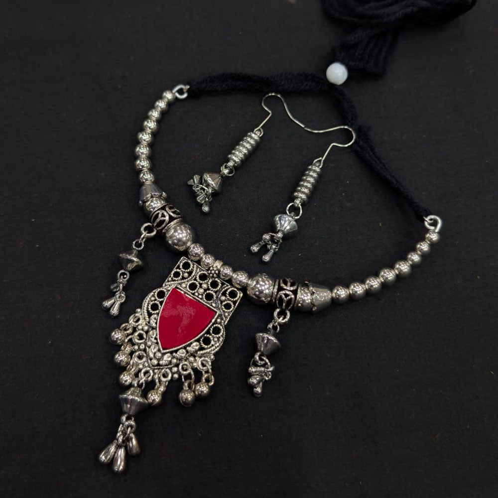 Akruti Collection Timeless Oxidised Plated Pota Stone Necklace Set