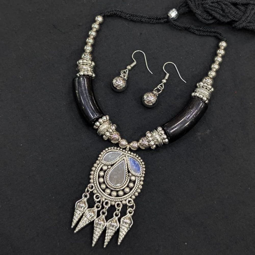 Akruti Collection Graceful Oxidised Plated Mirror Necklace Set