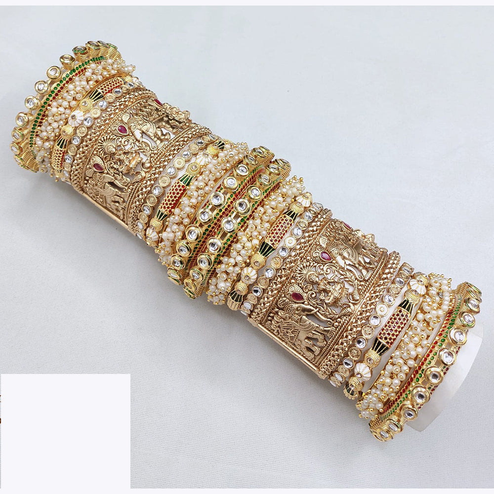 Akruti Collection Antique Gold Bridal Bangle Set With Goddess Motifs , Kundan And Pearl Perfect For Ethnic Wear