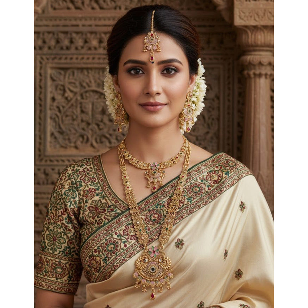 Akruti Collection Premium Pota Stone And Meenakari Double Necklace Set