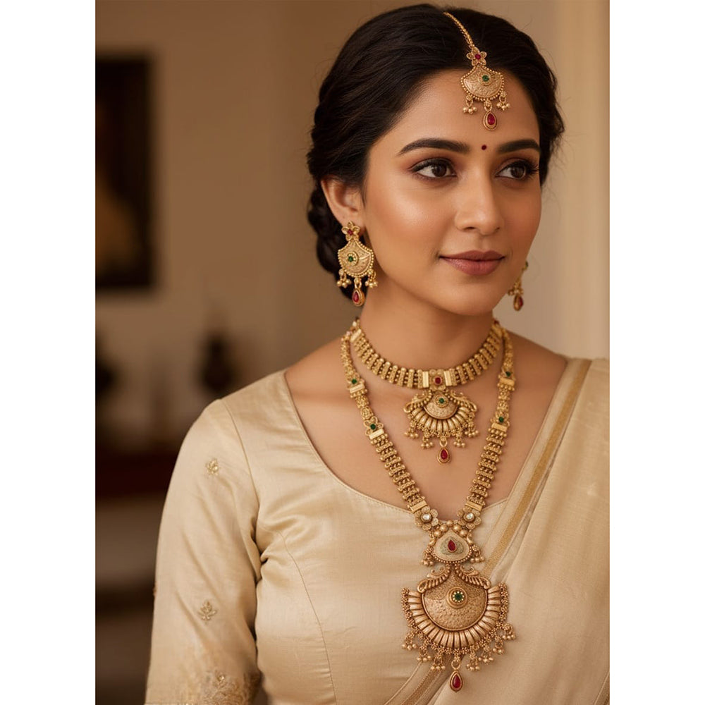 Akruti Collection Premium Pota Stone And Meenakari Double Necklace Set