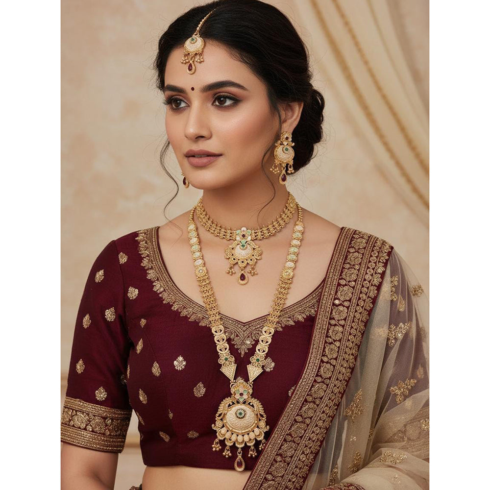 Akruti Collection Premium Pota Stone And Meenakari Double Necklace Set