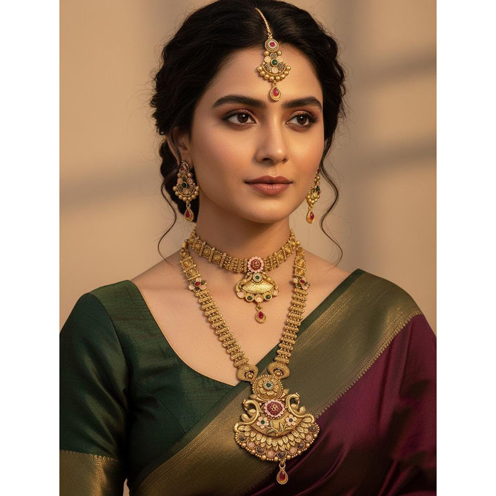 Akruti Collection Premium Pota Stone And Meenakari Double Necklace Set