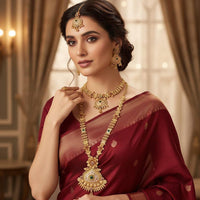 Akruti Collection Premium Pota Stone And Meenakari Double Necklace Set