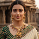 Akruti Collection Pota Stone And Pearl Traditional Temple Necklace Set