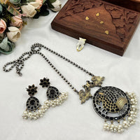 Akruti Collection Antique Style 2 Tone Pota Stone And Pearl Long Necklace Set