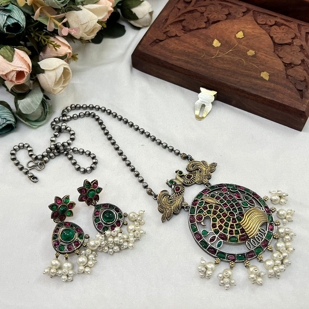 Akruti Collection Antique Style 2 Tone Pota Stone And Pearl Long Necklace Set