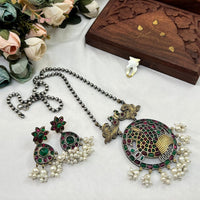 Akruti Collection Antique Style 2 Tone Pota Stone And Pearl Long Necklace Set