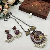 Akruti Collection Antique Style 2 Tone Pota Stone And Pearl Long Necklace Set