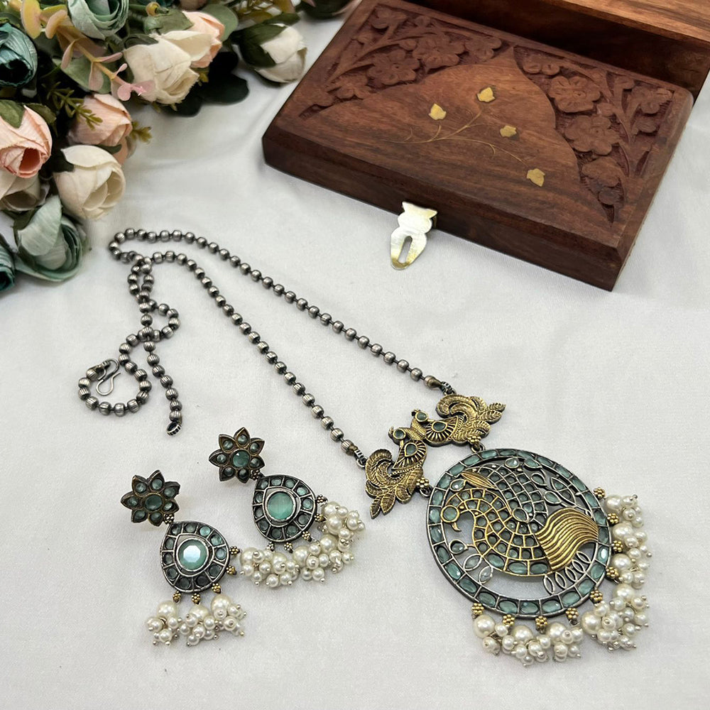 Akruti Collection Antique Style 2 Tone Pota Stone And Pearl Long Necklace Set