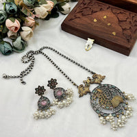 Akruti Collection Antique Style 2 Tone Pota Stone And Pearl Long Necklace Set