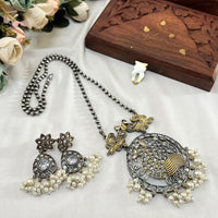 Akruti Collection Antique Style 2 Tone Pota Stone And Pearl Long Necklace Set