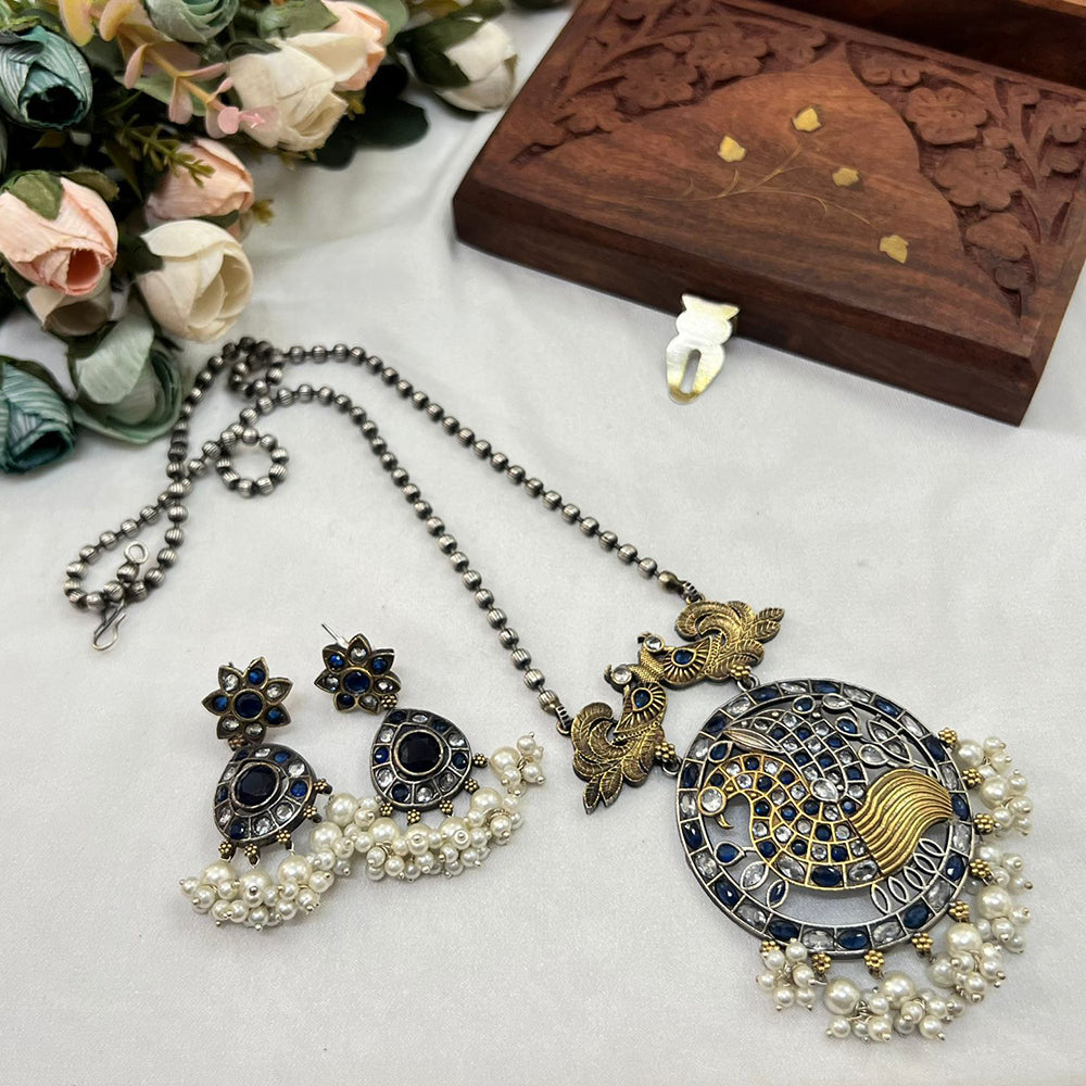 Akruti Collection Antique Style 2 Tone Pota Stone And Pearl Long Necklace Set