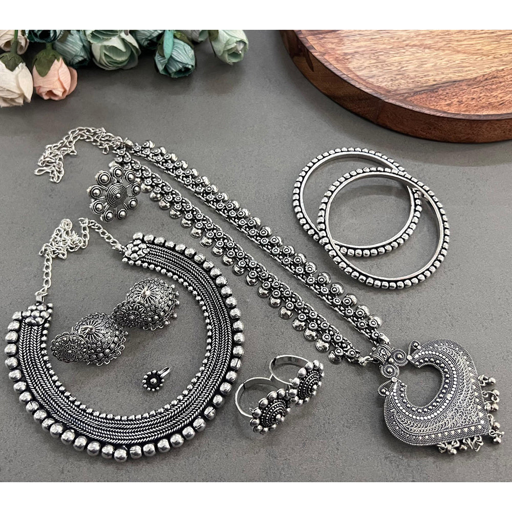 Akruti Collection Royal Oxidised Plated Ethnic Combo Set