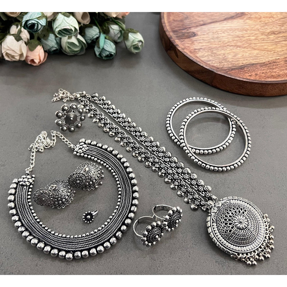 Akruti Collection Royal Oxidised Plated Ethnic Combo Set