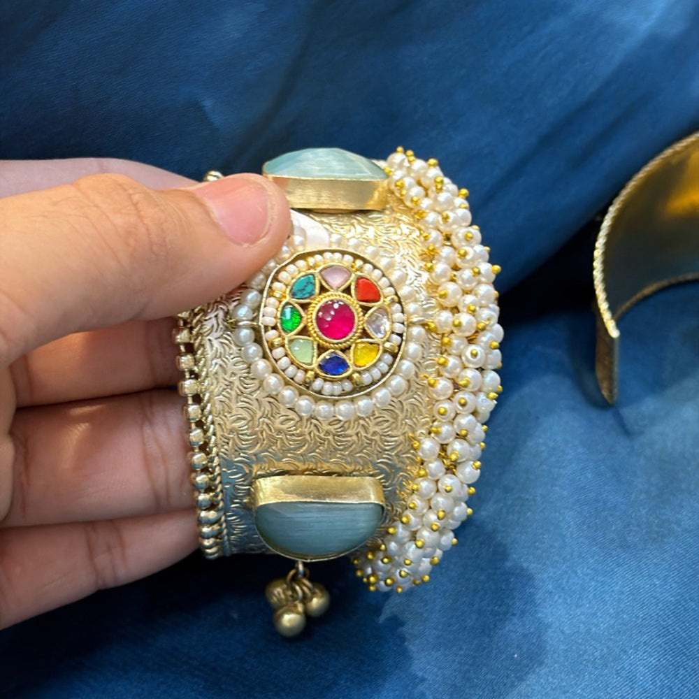 Akruti Collection Designer Pota Stone And Pearl Openable Kada