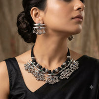 Akruti Collection Timeless Oxidised Plated Pota Stone Necklace Set