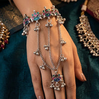 Akruti Collection Ethnic Oxidised Meenakari Ghungroo Hath Panja Jewellery