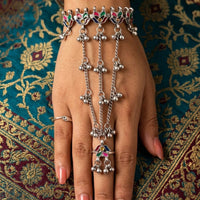 Akruti Collection Ethnic Oxidised Meenakari Ghungroo Hath Panja Jewellery