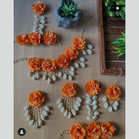 Shrijicreation Orange Floral Shell & Pearl Bridal Jewellery Set – Handmade Coastal Elegance for Haldi & Wedding Functions