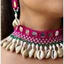 Shrijicreation Mirror Work And Pearl Shell Handcrafted Choker Necklace Set