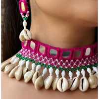 Shrijicreation Mirror Work And Pearl Shell Handcrafted Choker Necklace Set