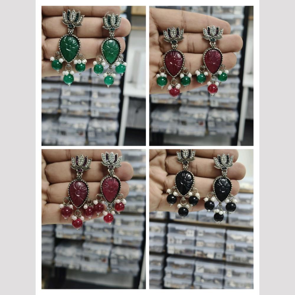 Wearhouse Fashion Traditional  Oxidised Dangler Earrings Lotus Top With Carved Stone And Pearl Drops