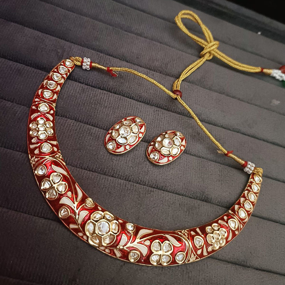 Palak Art Gold Plated Polki Kundan Stone And Meenakari Necklace Set