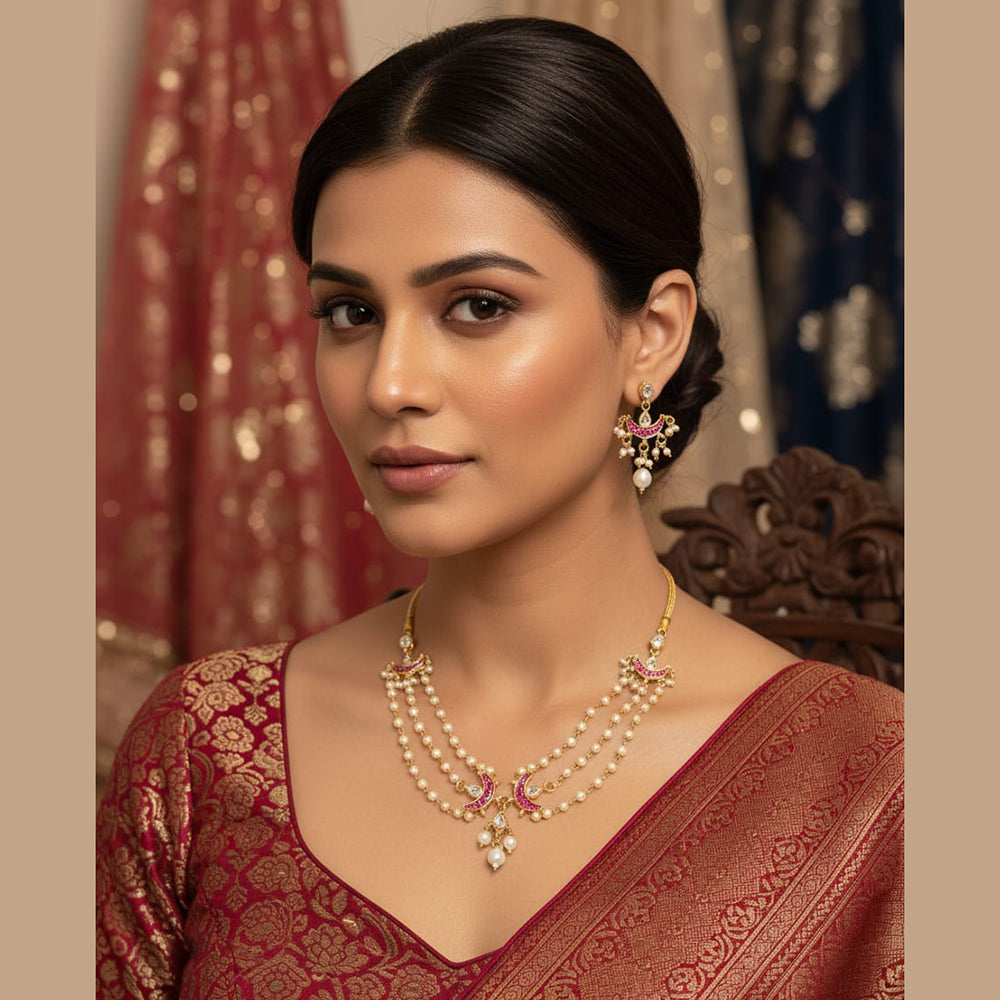 Palak Art Classic Kundan Stone And Pearl Meenakari Necklace Set (PACK OF 3)